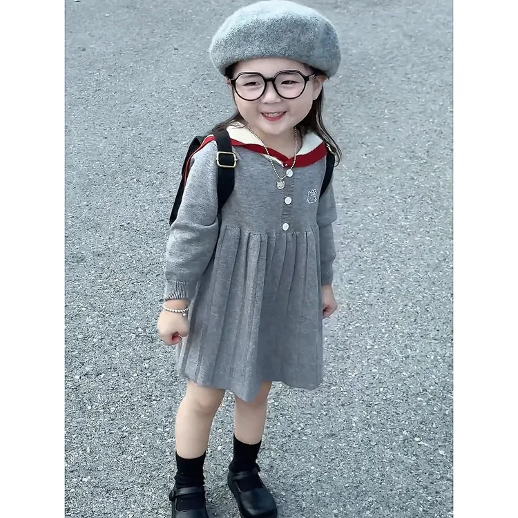 艾雯2025新款女童秋装针织连衣裙中小童儿童学院风洋气裙子长袖衫