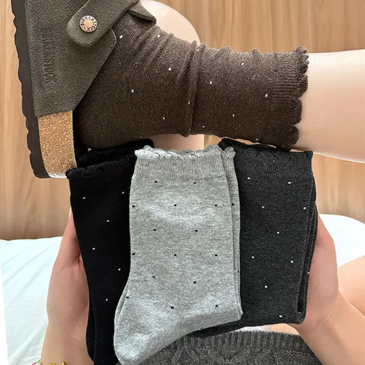 波点花边堆堆袜子女ins潮韩系春秋休闲简约外穿搭配勃肯鞋中筒袜