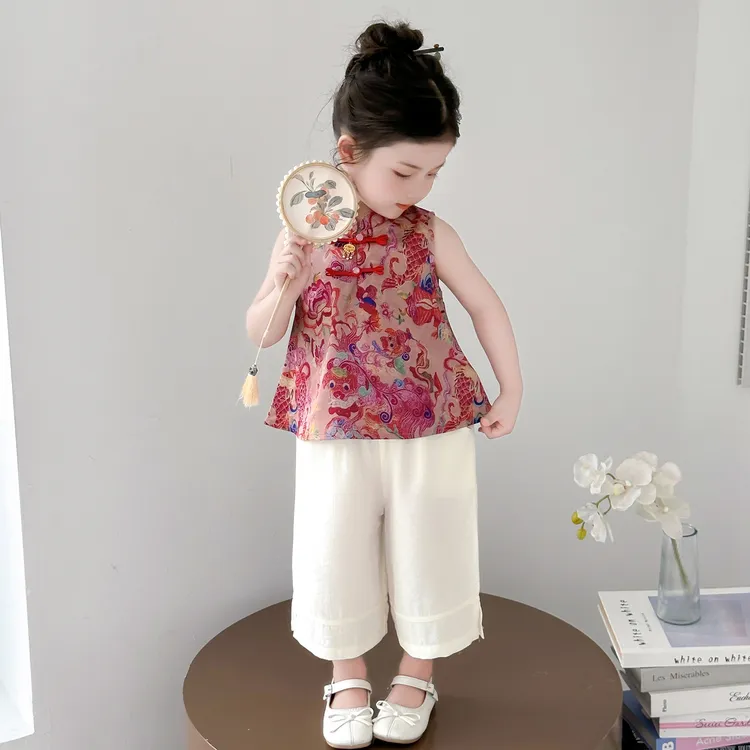汉服女童国风套装夏季古风唐装儿童背心裤子薄款新中式女宝宝古装
