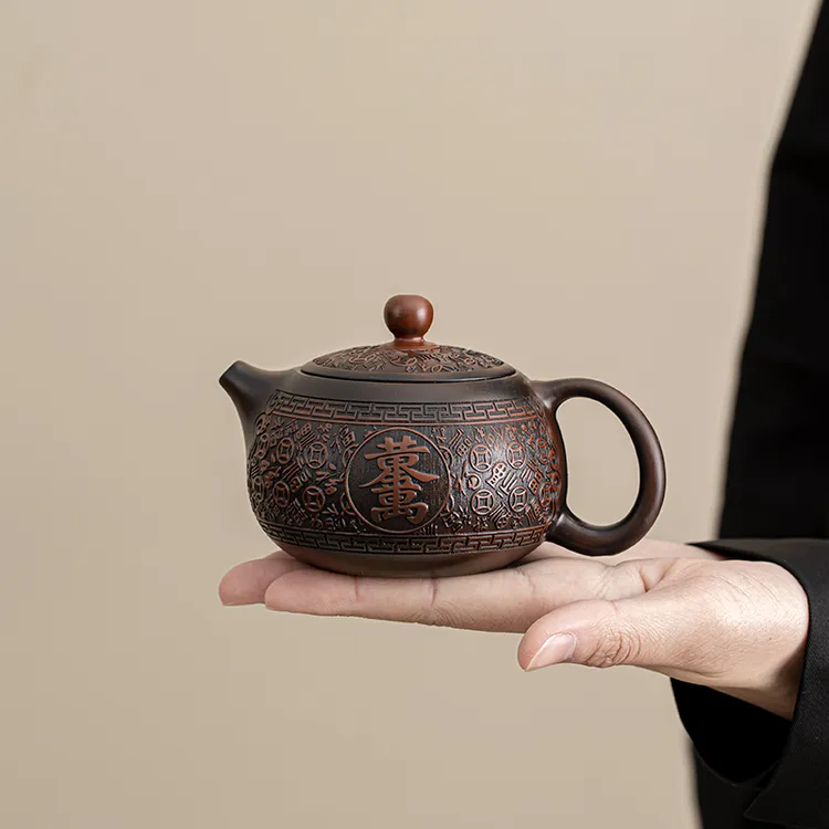 紫陶茶壶家用手抓壶泡茶专用手工浮雕建水紫砂壶功夫茶具泡茶器