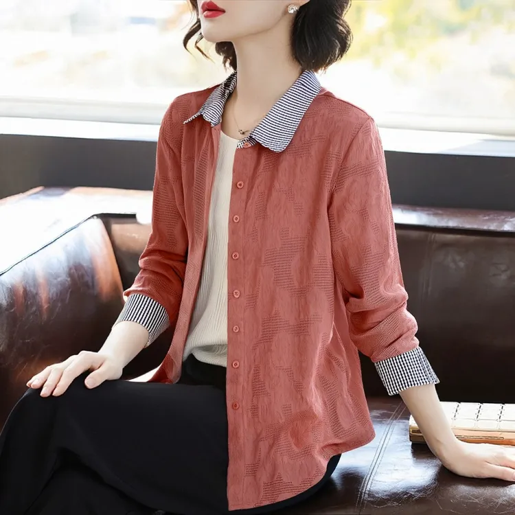 显瘦秋季新款长袖衬衫女2025翻领休闲外套女中年妈妈洋气减龄上衣