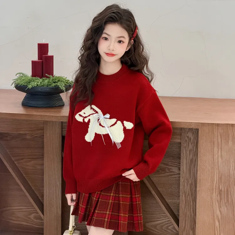女童马年毛衣秋冬2026新款儿童冬装加厚红色拜年服女大童新年毛衫