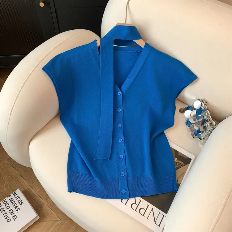 专柜撤回剪标克莱因蓝冰丝小飞袖T恤女夏季新款别致修身飘带上衣