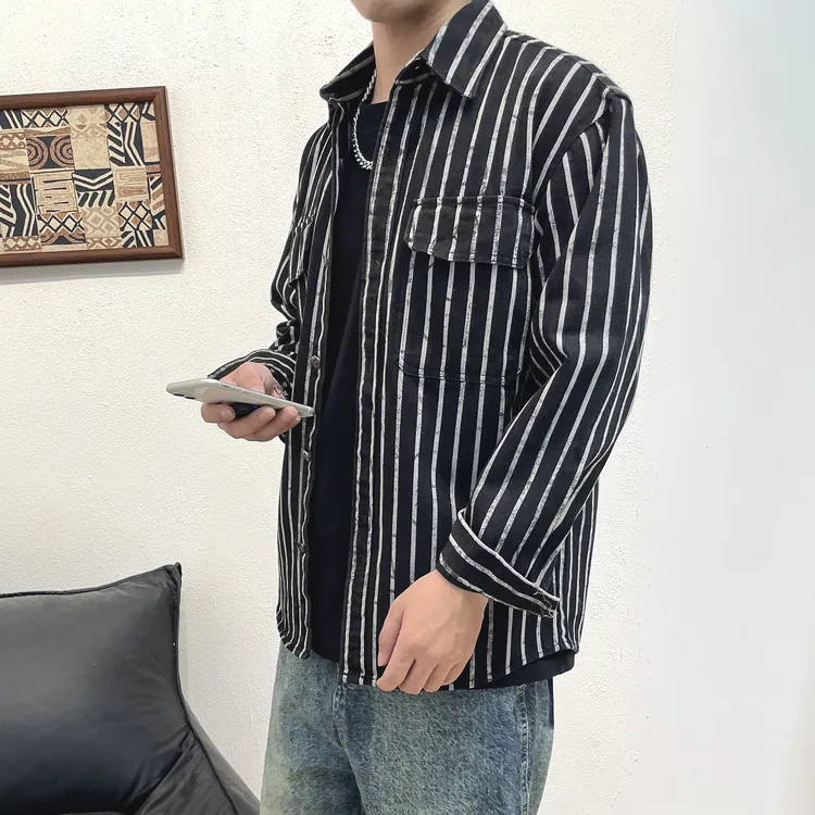 春秋款美式重磅条纹牛仔衬衫男潮牌痞帅宽松百搭长袖翻领衬衣外套
