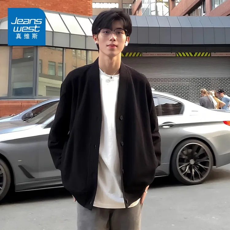 真维斯重磅开衫外套男款春秋季潮流百搭V领上衣cleanfit宽松夹克