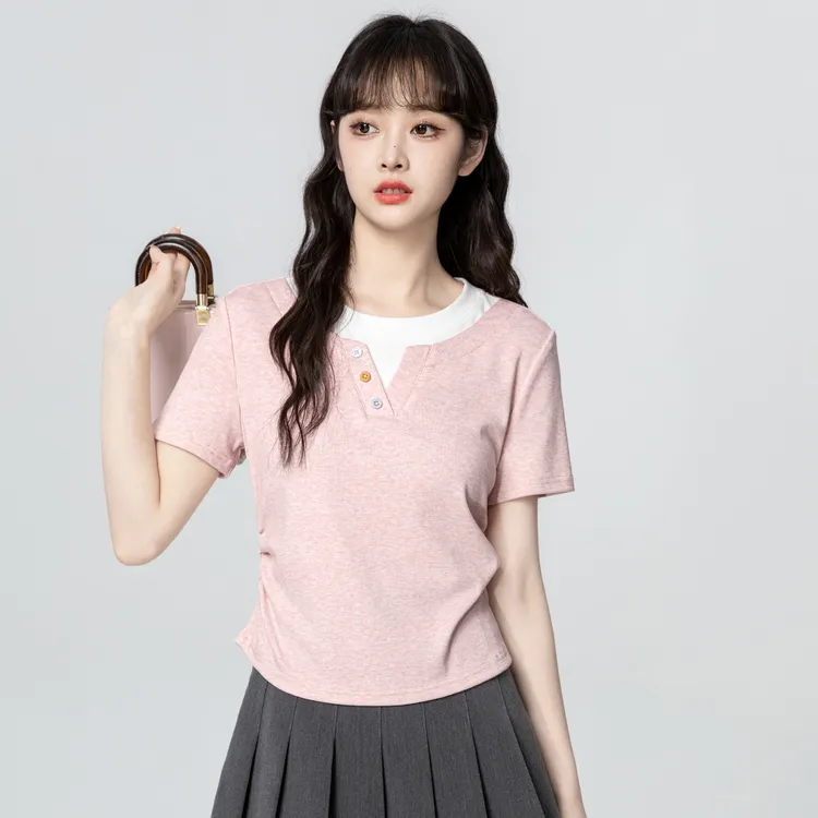 粉色假两件短袖T恤女夏2025夏季新款褶皱收腰短款体恤拼接短上衣