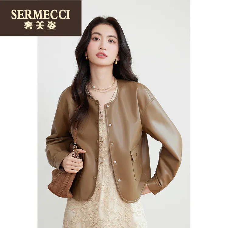 奢美姿上档次短外套女2025秋季新款复古圆领小个子棕色上衣