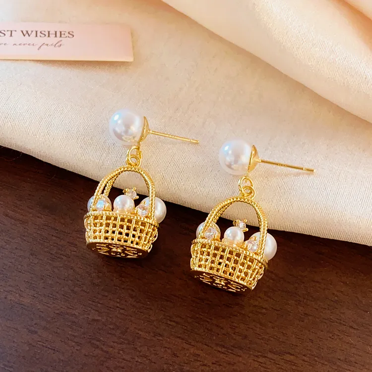 铜合金仿珍珠耳饰 篮子珠珠耳环女轻奢气质高级感耳钉独特耳饰潮