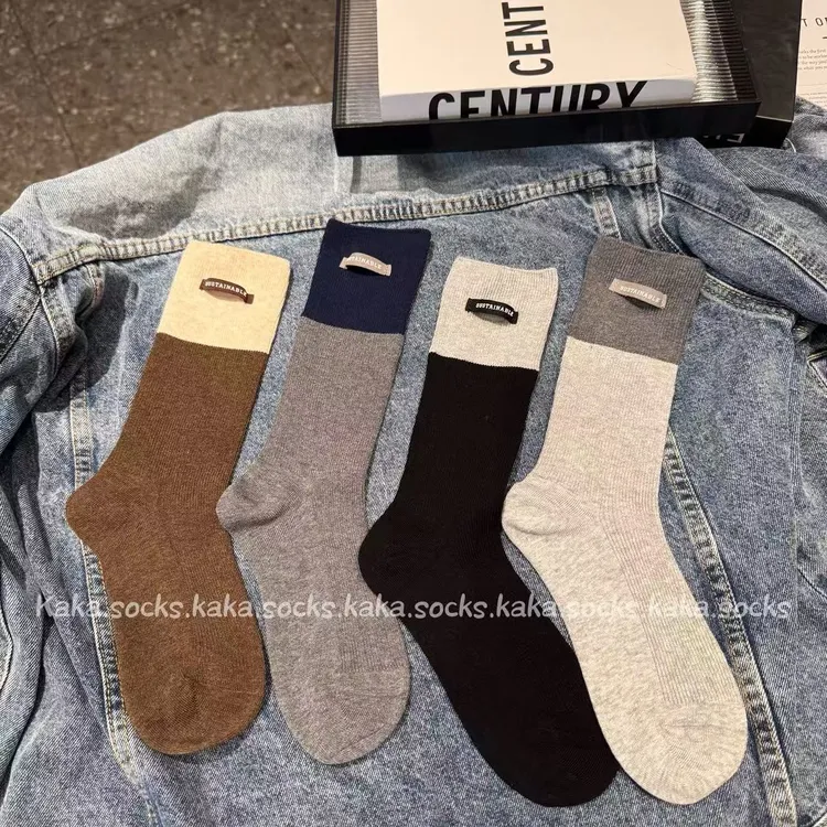 韩版秋冬双针拼色立体字母布标高级感时尚减龄洋气美腿高筒堆堆袜