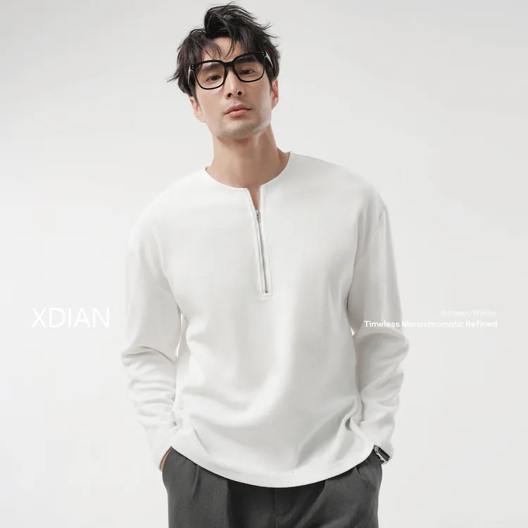 XDIAN/续点亨利领半拉链长袖t恤男士华夫格2025新款美式春秋季
