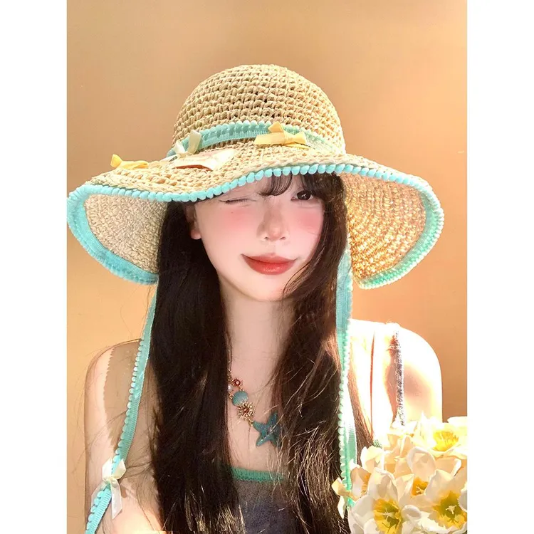 蝴蝶结系带草帽女夏季海边度假沙滩大帽檐太阳帽编织遮阳防晒帽子