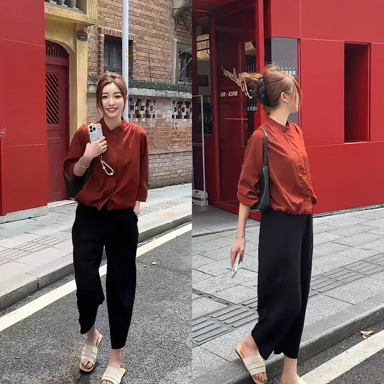 设计感时尚单排扣早秋新款宽松遮肉显瘦衬衫女九分休闲裤两件套装