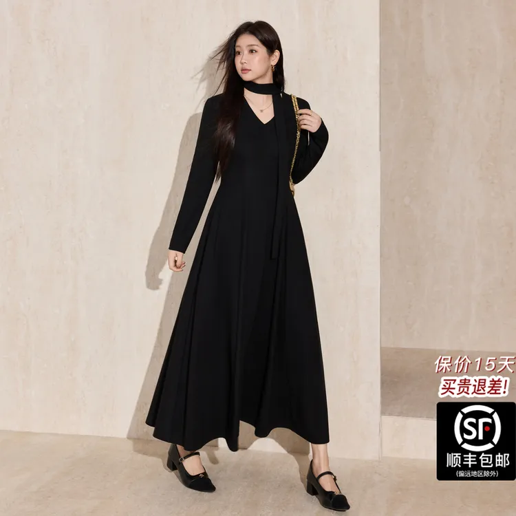 蓝语大码女装法式飘带气质连衣裙2025秋冬新款高级感V领收腰长裙