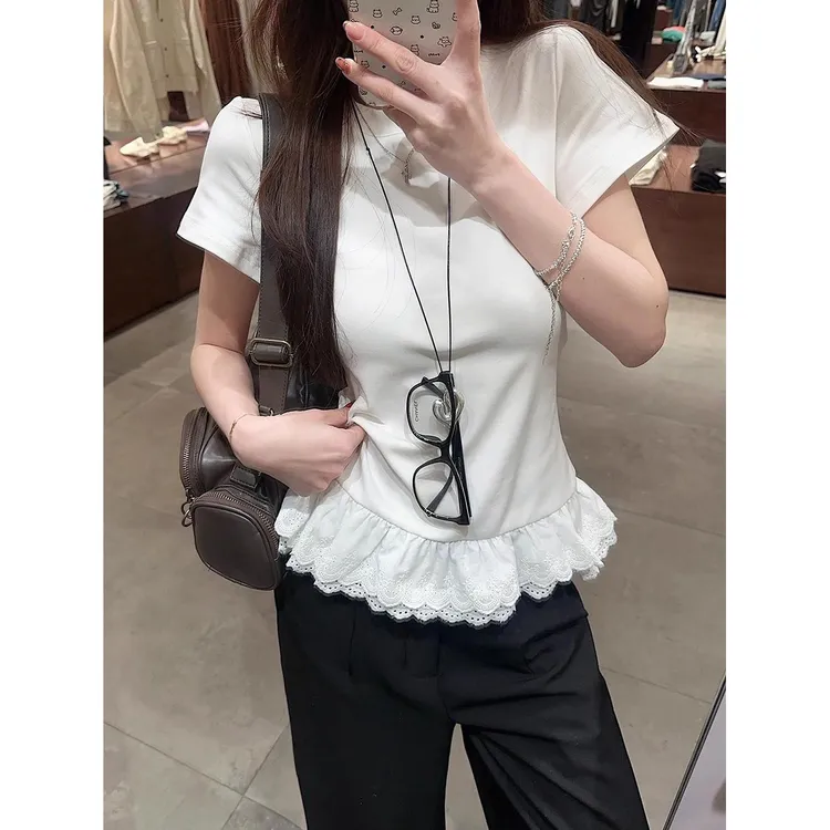 撞色花边拼接短袖T恤女2025夏季新款设计感修身显瘦独特小众上衣