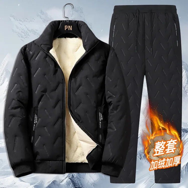 【整套加绒】冬季羊羔绒棉衣套装男士大码宽松保暖防风防寒服外套男
