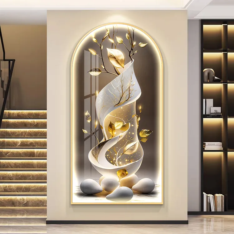 轻奢大气玄关装饰画金叶拱形入户正对门墙壁挂画led带灯走廊壁画