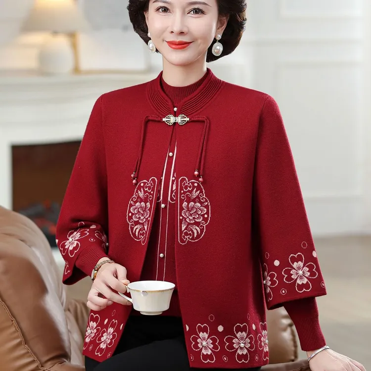 2025新中式妈妈秋装针织两件套中老年女秋冬国风毛衣套装开衫外套