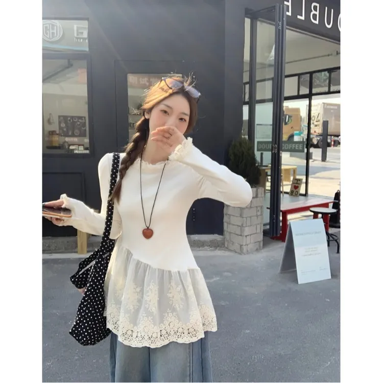 春季内搭叠穿蕾丝拼接中长款打底衫下摆荷叶边屁帘绝美T恤ins上衣