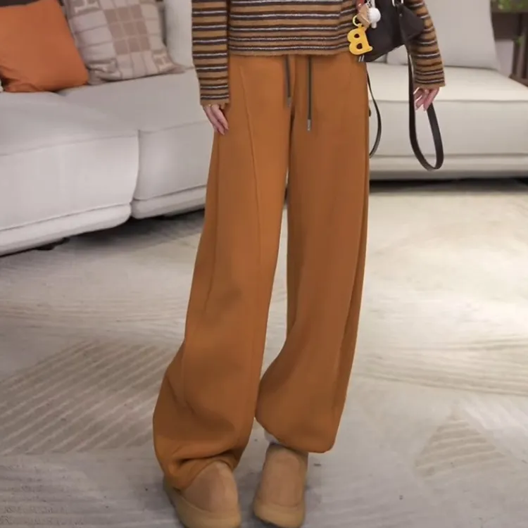 2025秋冬季新款时尚洋气百搭设计感休闲长裤加绒高腰显瘦直筒卫裤