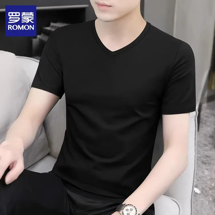 罗蒙短袖t恤男士休闲运动V领汗衫夏季薄款潮流纯色冰丝凉感体恤男