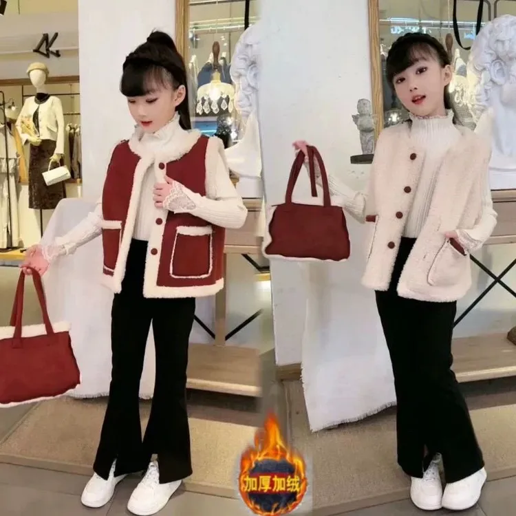 双面穿毛绒马甲*女童装秋冬新款冬装中大童洋气加绒加厚套装韩版