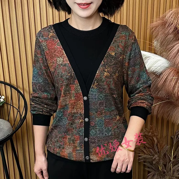中老年女装秋季设计感圆领假两件百搭宽松显瘦洋气妈妈装长袖上衣
