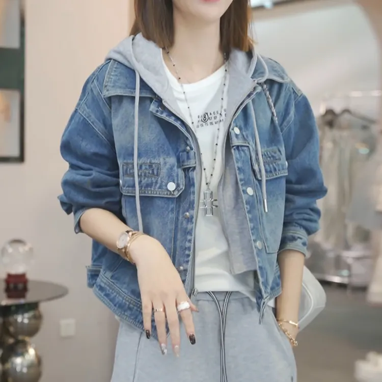【环球游记】2025早秋新款时尚休闲假两件牛仔外套女小个子拼接上衣