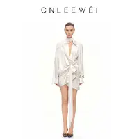 CNLEEWEI2025年秋季新款缎面醋酸扭结飘带衬衫连衣裙女