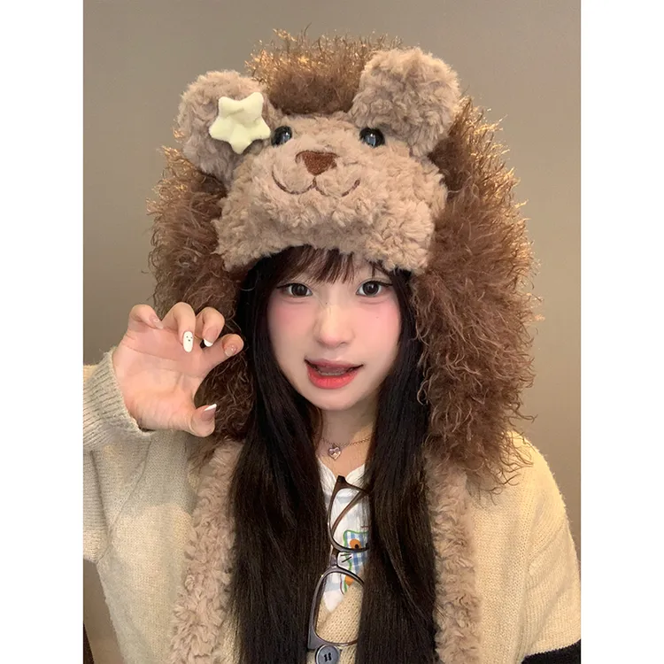 可爱小狮子毛绒帽子女冬季百搭大头围加厚保暖护耳雷锋帽2025新款