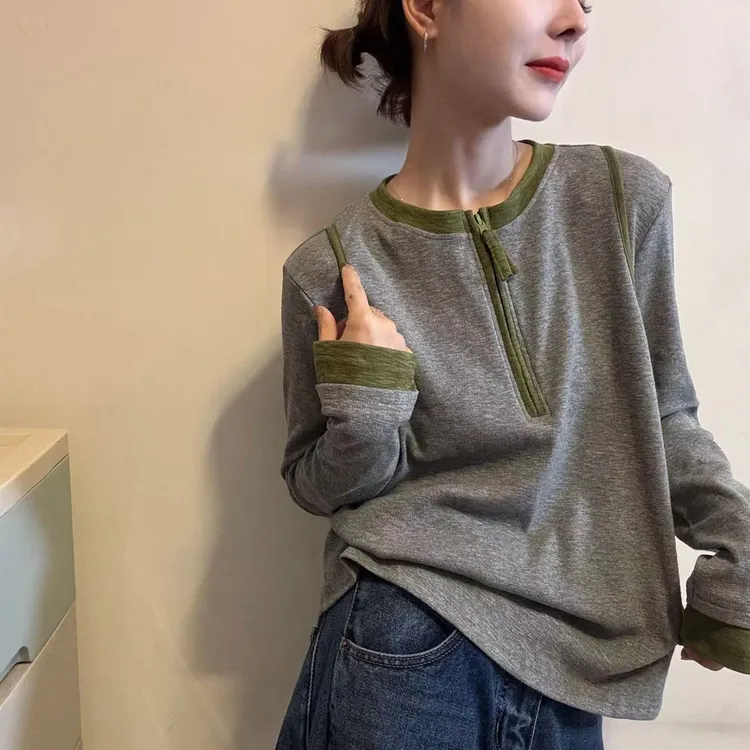 半拉链长袖T恤女设计感打底衫洋气高贵上衣内搭精致时尚百搭气质