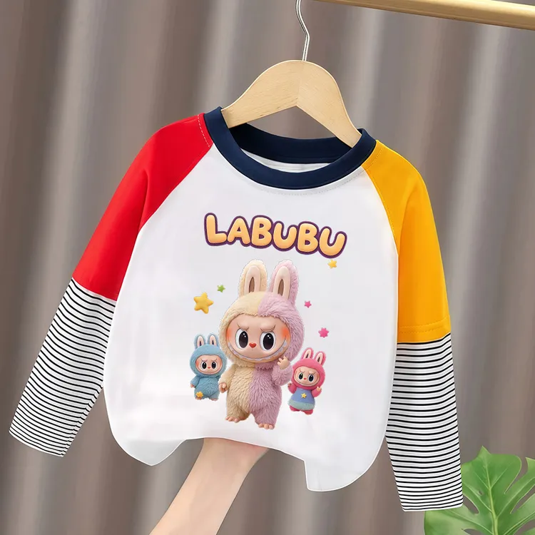拉布布卡通儿童打底衫男童T恤上衣春秋女童圆领长袖小童假两件秋