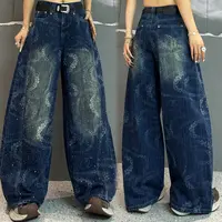 【亿火】2025秋季新款印花设计感牛仔裤女高腰宽松显瘦阔腿裤-8786