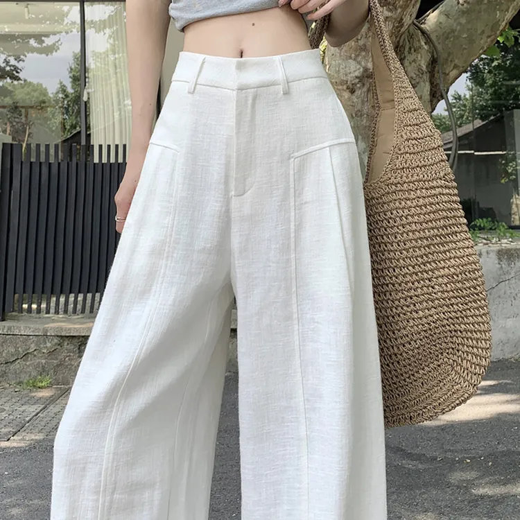白色亚麻阔腿裤女夏薄款高腰垂感老钱风西装直筒阔腿夏季2507