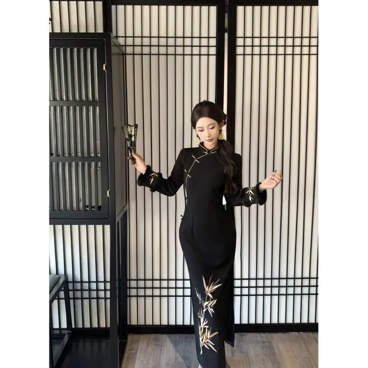 苏故里【墨锦凝香】冬款文艺气质修身高端日常旗袍奢华气质衣长125