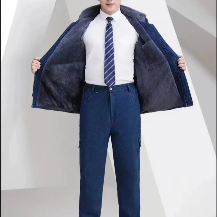 冬季加绒加厚牛仔棉袄套装电焊建筑工地防烫耐磨防寒保暖劳保棉服