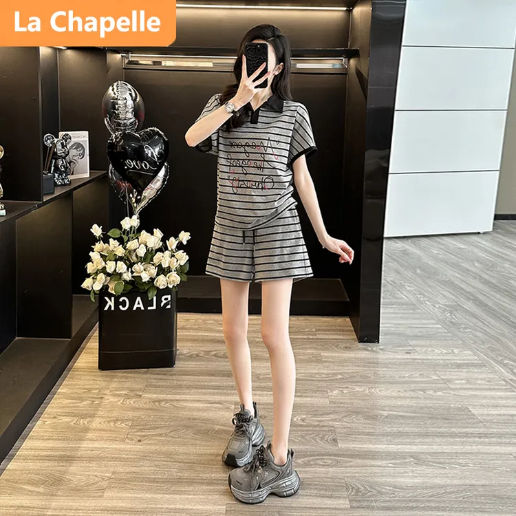 拉夏贝尔高级感休闲时尚套装女夏2025新款洋气polo领条纹上衣短裤