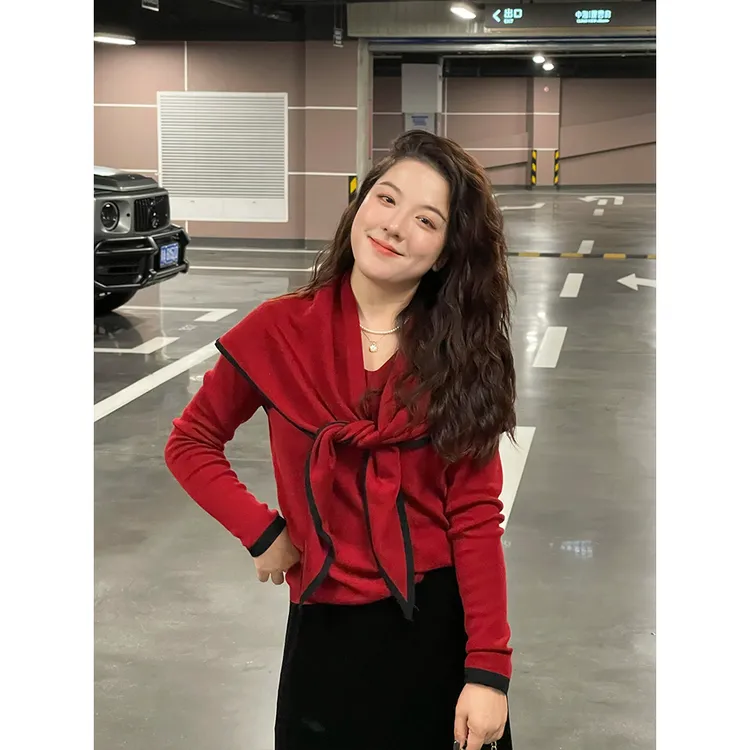 WenWen小个子韩系2025秋新款真两件披肩长袖显瘦针织衫上衣4375