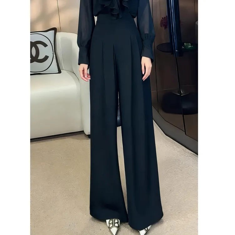 刘欣服饰 春秋款新款高腰防皱免烫垂感阔腿无口袋休闲长裤0547