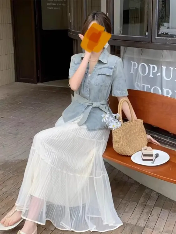 时尚套装女装夏季收腰长款复古泡泡袖裙子