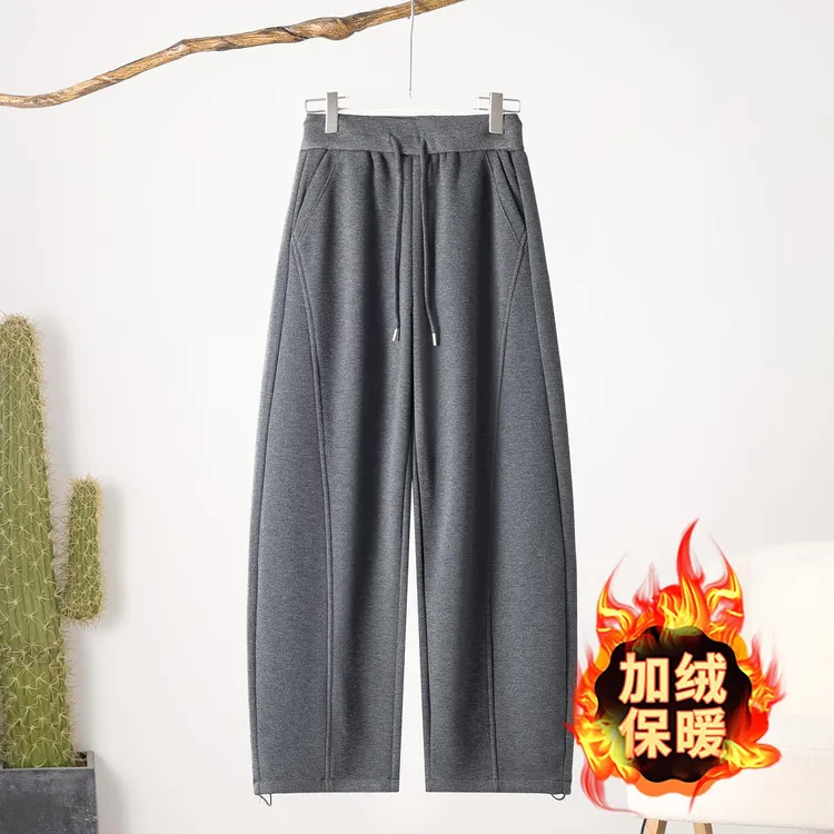 深灰色加绒毛呢弯刀裤女2025新款冬季加厚糯米裤休闲高腰香蕉裤子