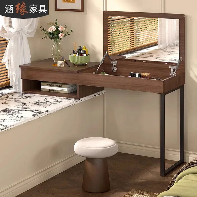 翻盖式半搭飘窗化妆台梳妆桌卧室中古风书桌收纳柜一体定制7H23