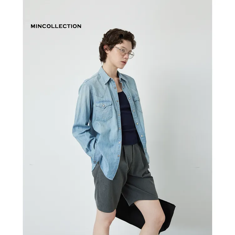 DE Mincollection渐变牛仔衬衫/经典翻领复古西部双口袋衬衫55503