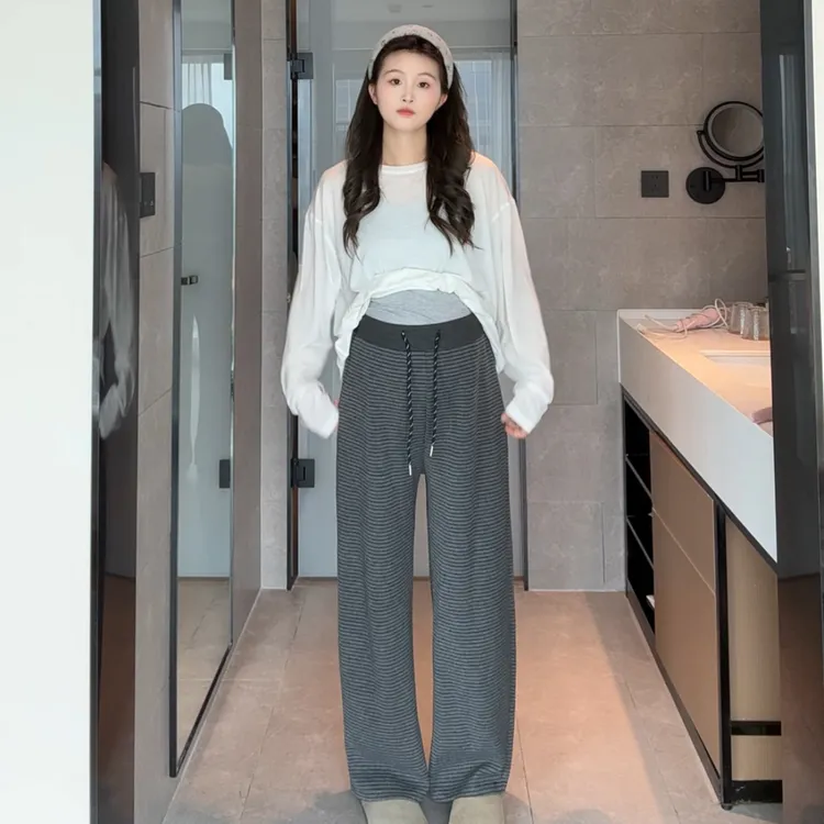弯刀条纹裤~2025年秋季新款阔腿孕妇裤子外穿显瘦宽松撞色拼接裤