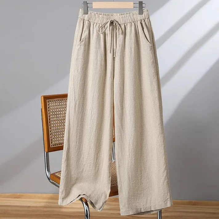 纯色棉麻阔腿裤女高腰休闲裤夏季薄款松紧腰直筒裤百搭新款九分裤