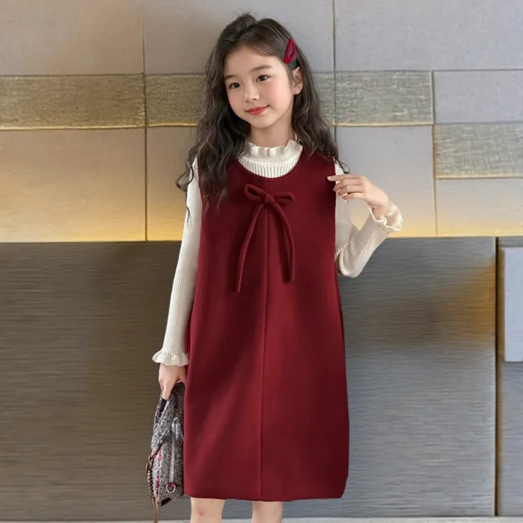 女童红色毛呢加绒背心裙秋冬2025新款木耳边领加厚针织衫过年衣服
