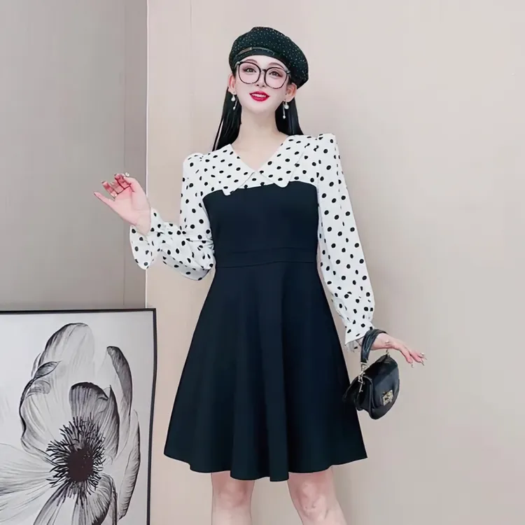 3507秋冬气质拼接连衣裙法式假两件时尚减龄大码复古显瘦连衣裙