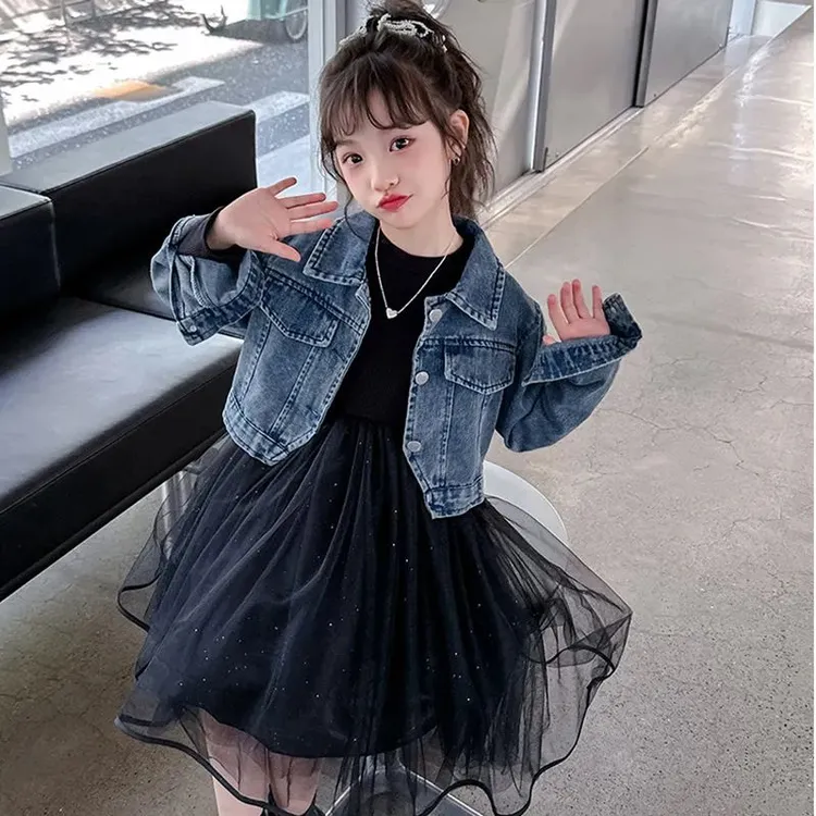 女童2025新款秋季套装韩版洋气黑色连衣裙儿童春装牛仔外套两件M
