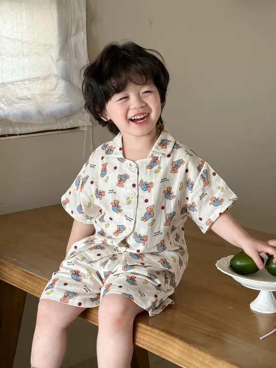 儿童纯棉短袖套装夏款男女宝宝睡衣中小童宽松棉纱开衫空调家居服