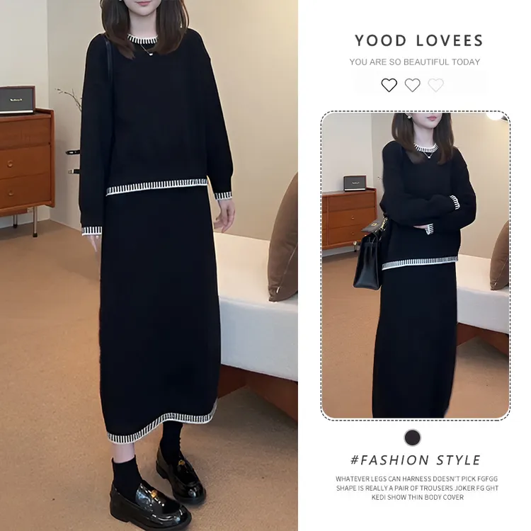 法式黑色针织套装女2025春秋设计感圆领宽松休闲上衣半裙时尚套装