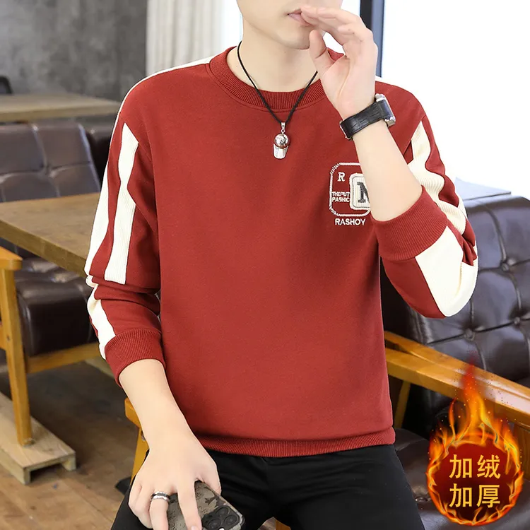 高档秋冬圆领刺绣拼接卫衣男士加绒加厚长袖体恤打底衫男装8800